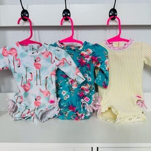 Newborn/ 0-3 Months Ruffle Butts Long Sleeve Swimsuits 3 piece. Like New